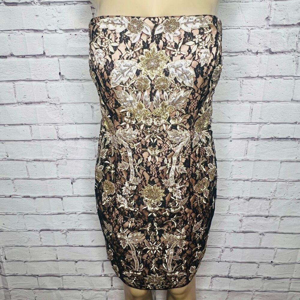 Sue Wong Womens Tan Black Beaded Embellished Metallic Strapless Dress Size 14